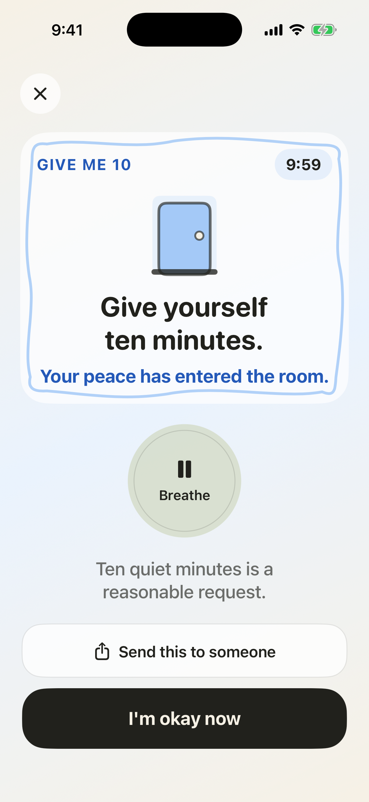 Walk Away showing Give me 10 mode with a ten minute pause timer.